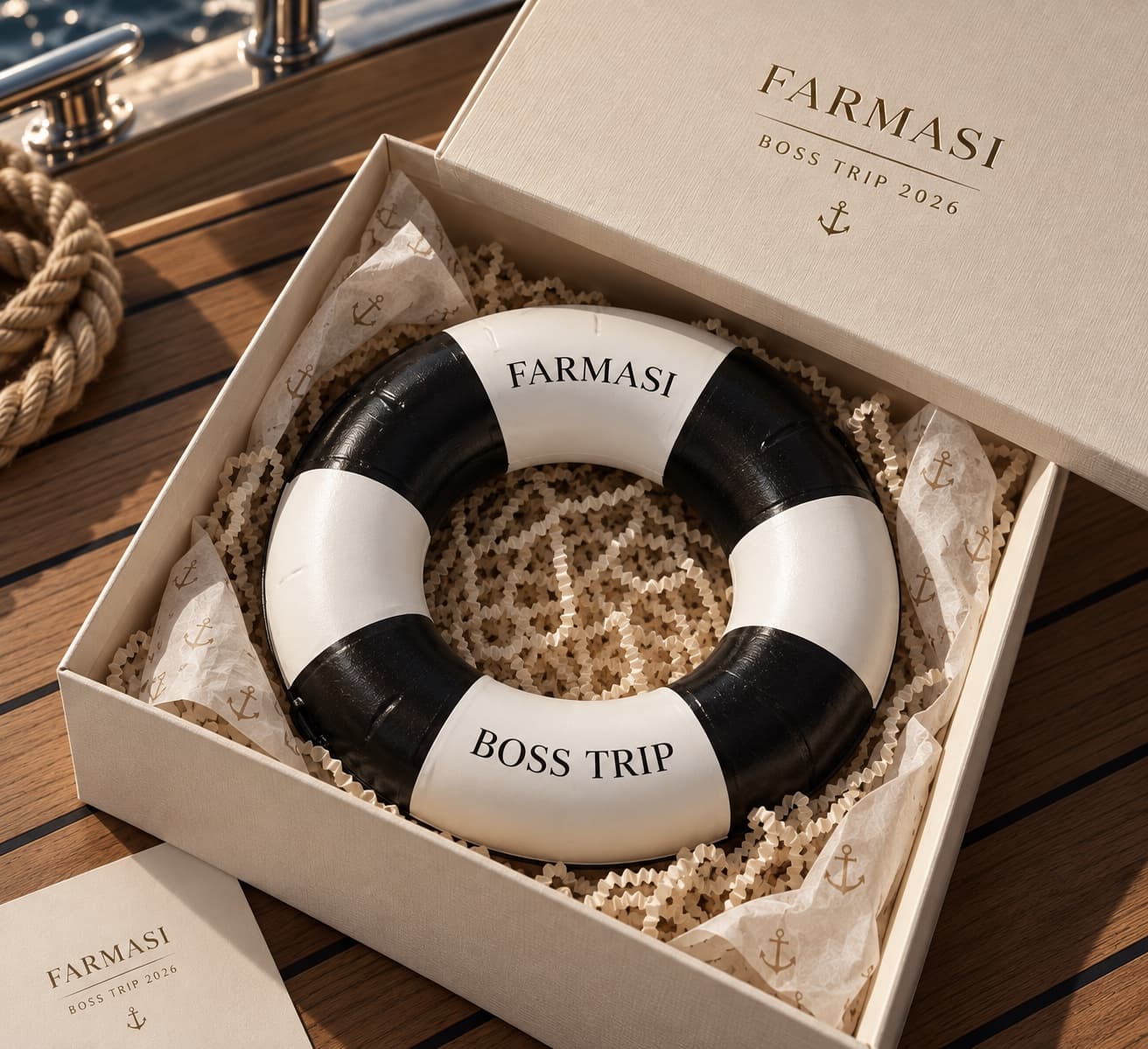 FARMASI Boss Trip markalı sunum kutusunda siyah-beyaz dekoratif simit
